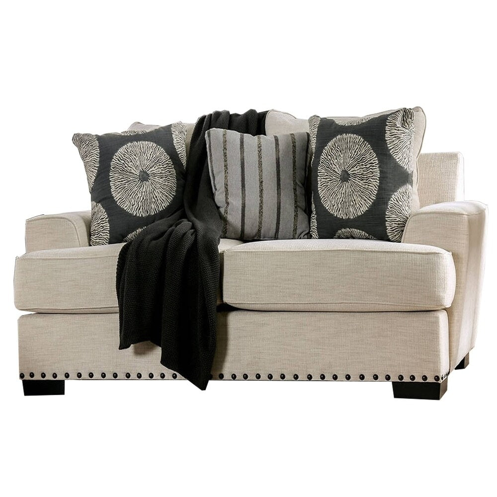 Fabric Upholstered Wooden Loveseat with Nail head Trim, Cream