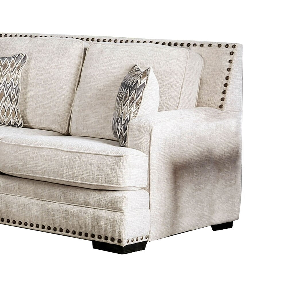 Fabric Upholstered Wooden Loveseat with Nailhead Trim Details, Cream