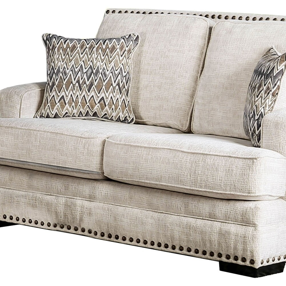 Fabric Upholstered Wooden Loveseat with Nailhead Trim Details, Cream