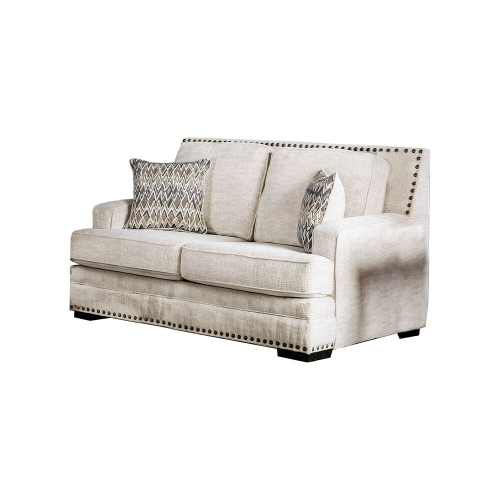 Fabric Upholstered Wooden Loveseat with Nailhead Trim Details, Cream