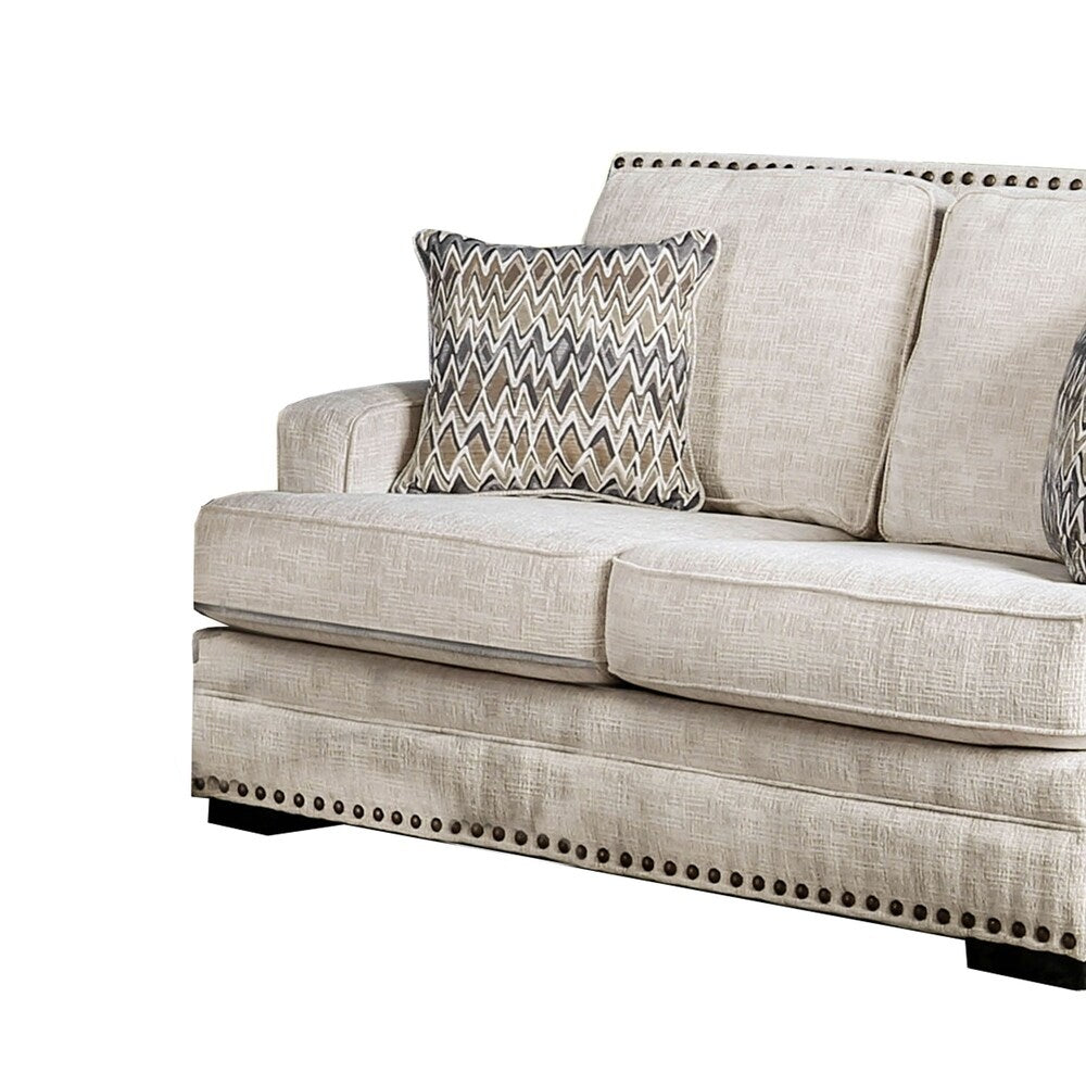 Fabric Upholstered Wooden Loveseat with Nailhead Trim Details, Cream