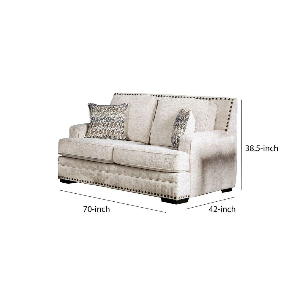 Fabric Upholstered Wooden Loveseat with Nailhead Trim Details, Cream