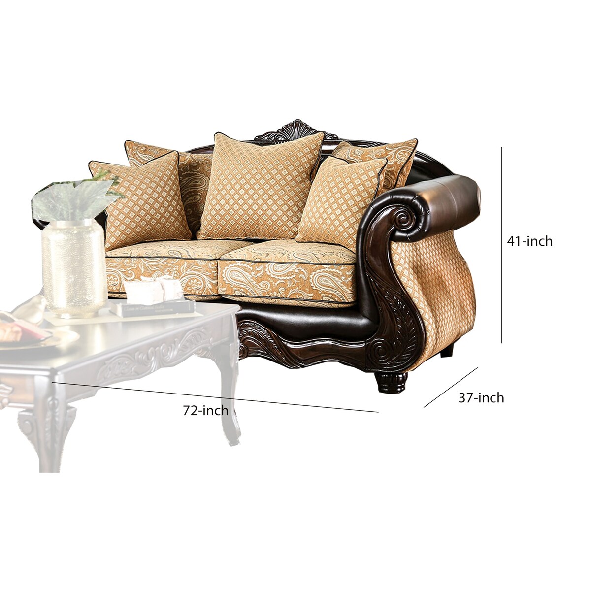 Fabric Upholstered Wooden Loveseat with Rolled Arms, Gold and Brown