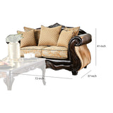 Fabric Upholstered Wooden Loveseat with Rolled Arms, Gold and Brown