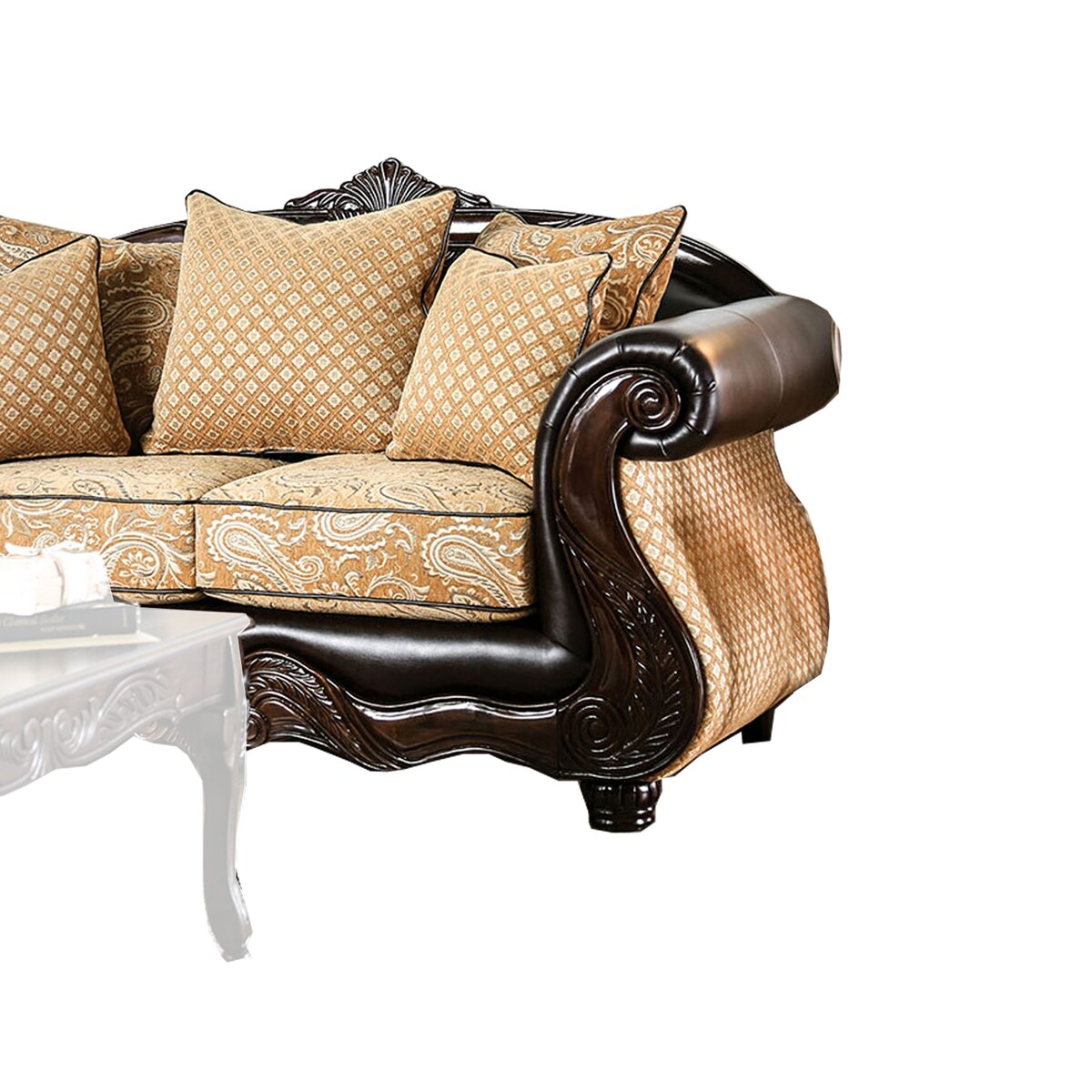 Fabric Upholstered Wooden Loveseat with Rolled Arms, Gold and Brown