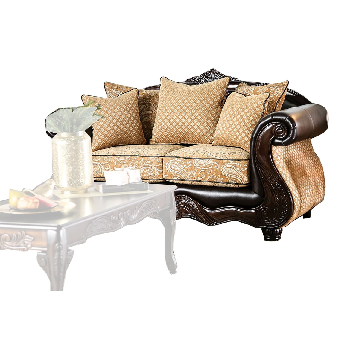 Fabric Upholstered Wooden Loveseat with Rolled Arms, Gold and Brown