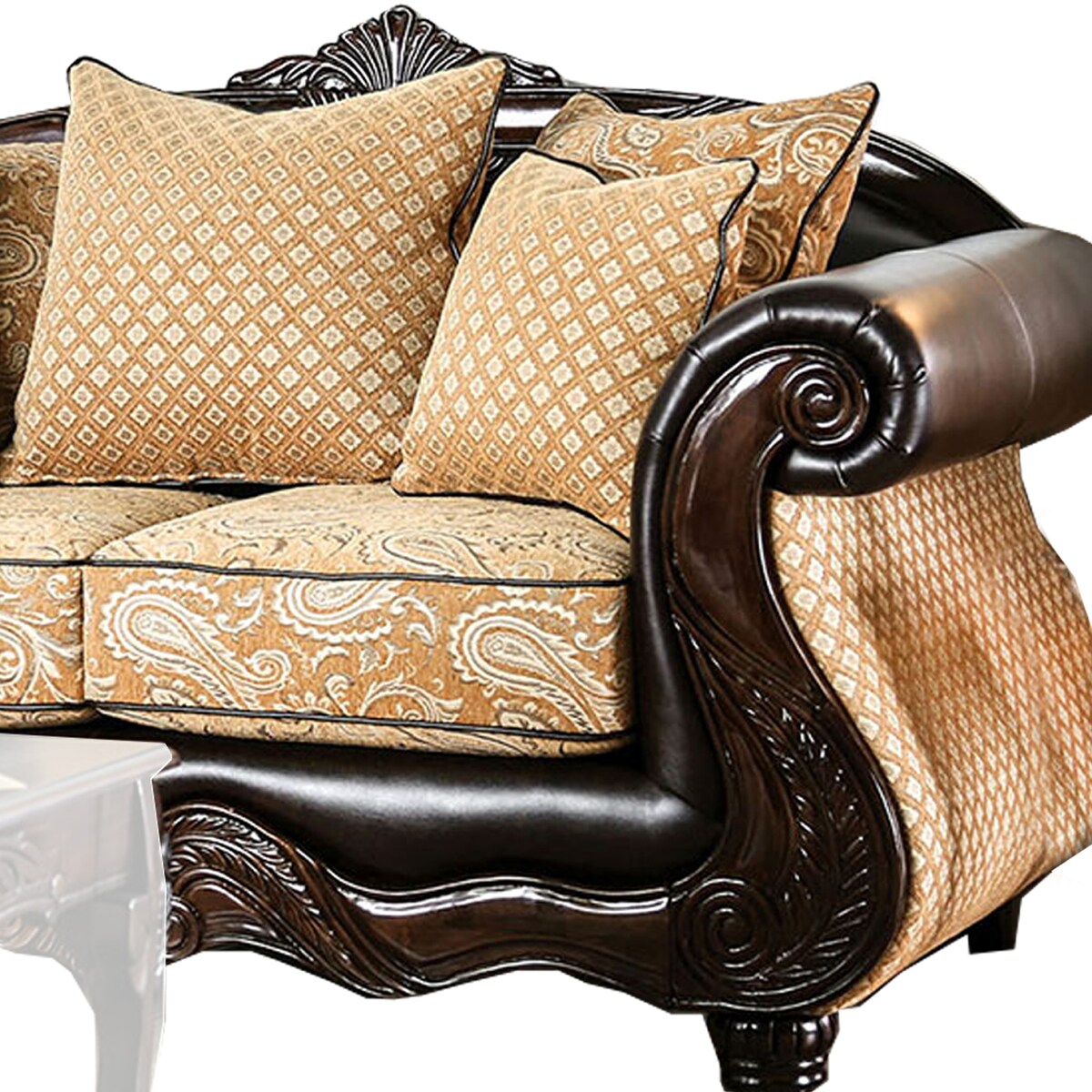 Fabric Upholstered Wooden Loveseat with Rolled Arms, Gold and Brown