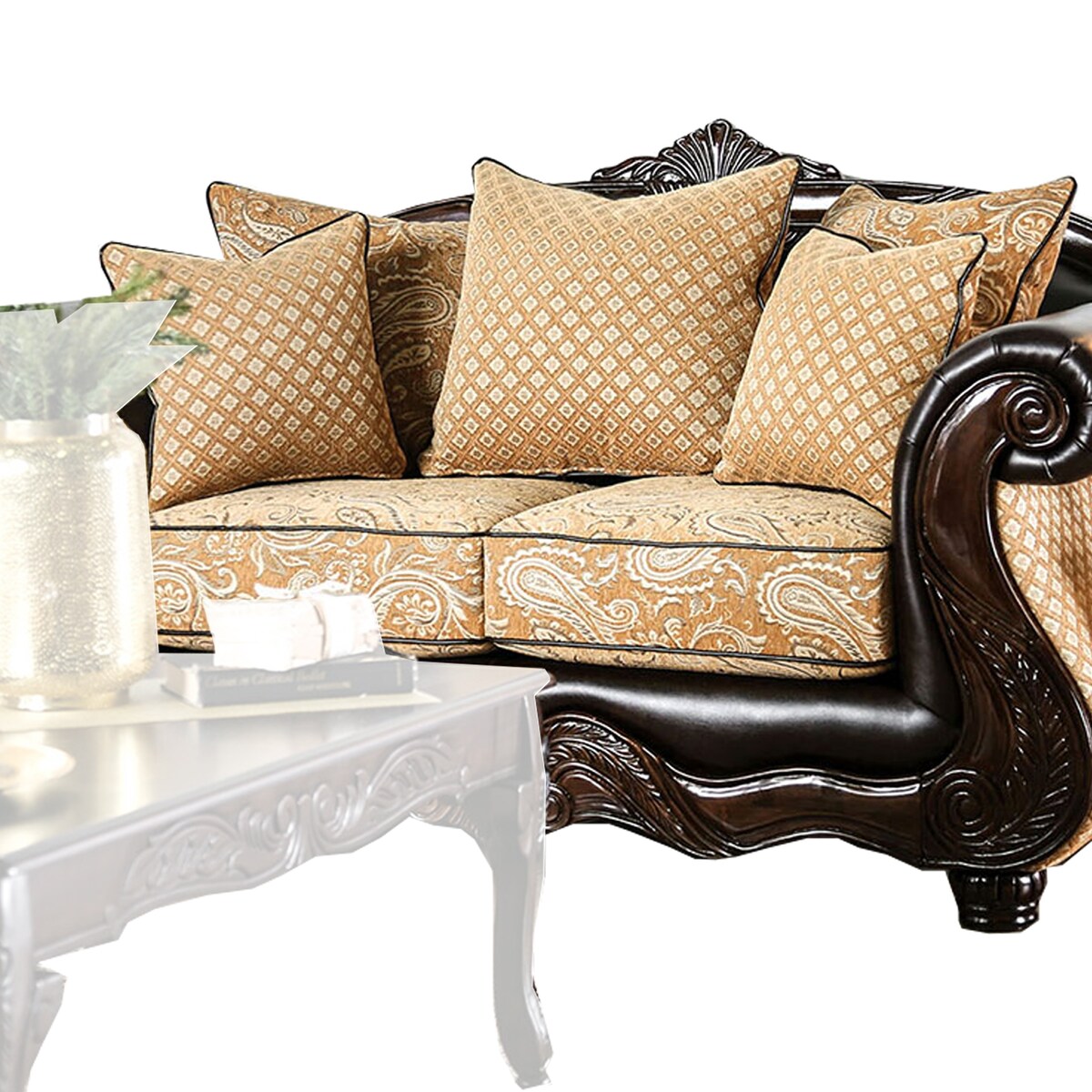 Fabric Upholstered Wooden Loveseat with Rolled Arms, Gold and Brown