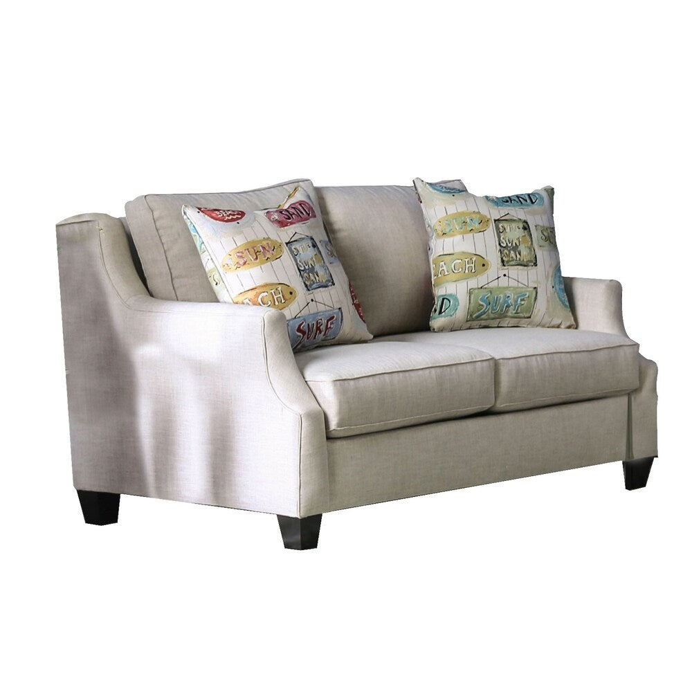 Fabric Upholstered Wooden Loveseat with S Sloped Armrest, Beige