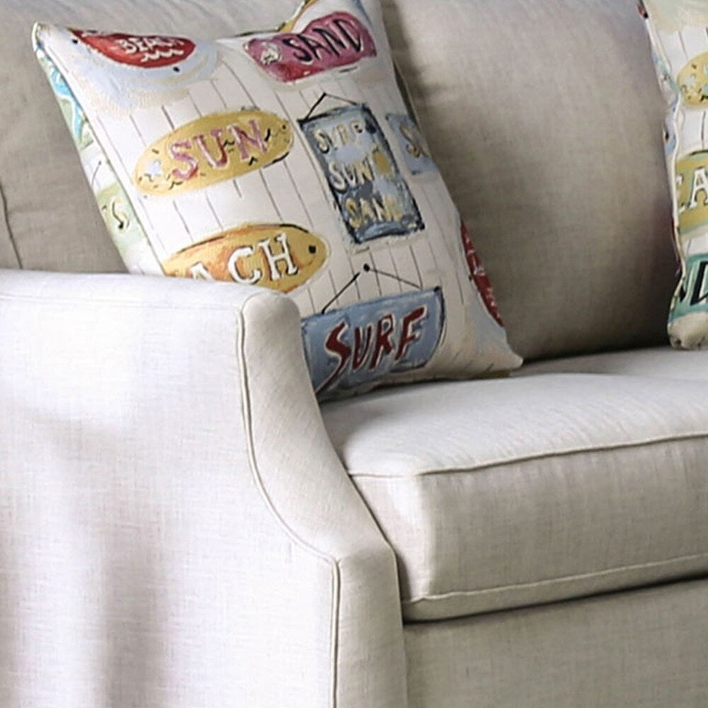 Fabric Upholstered Wooden Loveseat with S Sloped Armrest, Beige