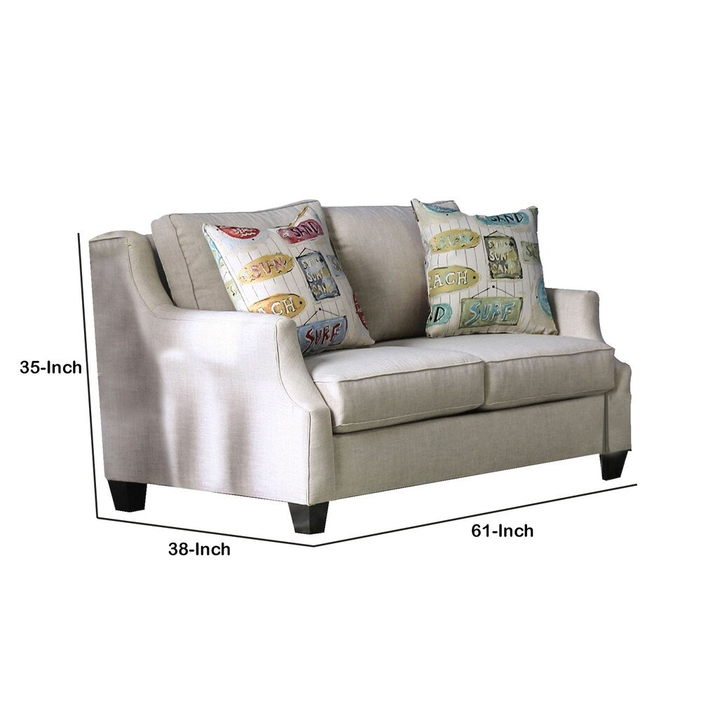 Fabric Upholstered Wooden Loveseat with S Sloped Armrest, Beige