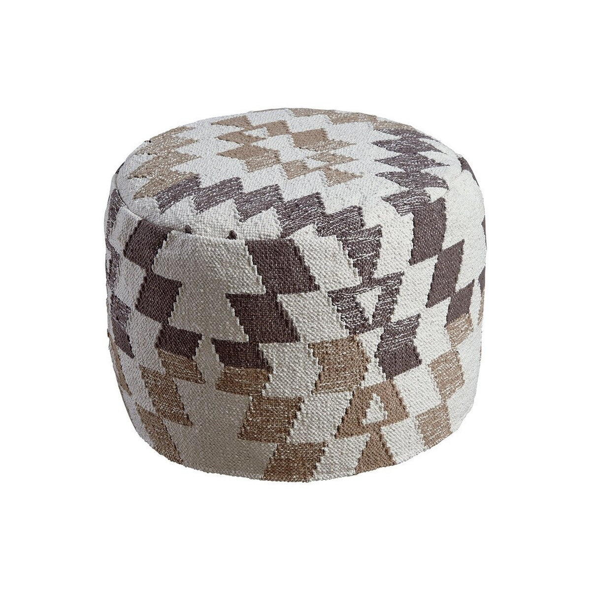 Fabric Wrapped Pouf with Diamond Pattern, Brown and White