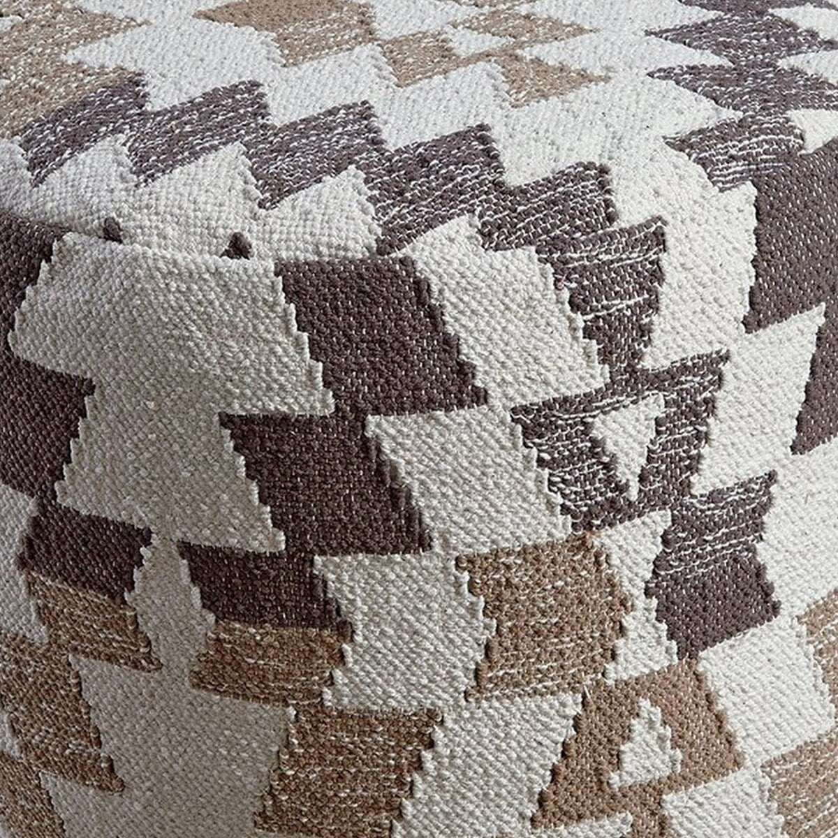 Fabric Wrapped Pouf with Diamond Pattern, Brown and White
