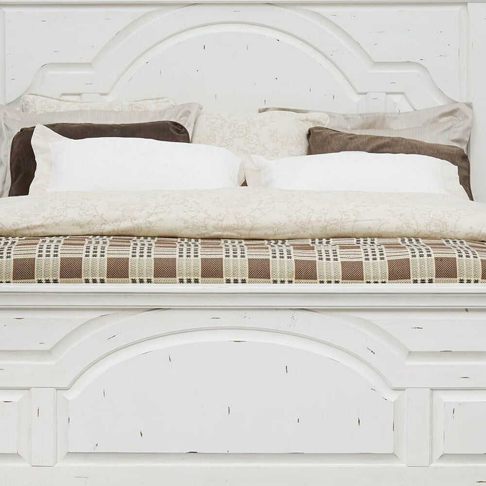 Faceted and Curved Rustic Wooden California King Size Bed, White