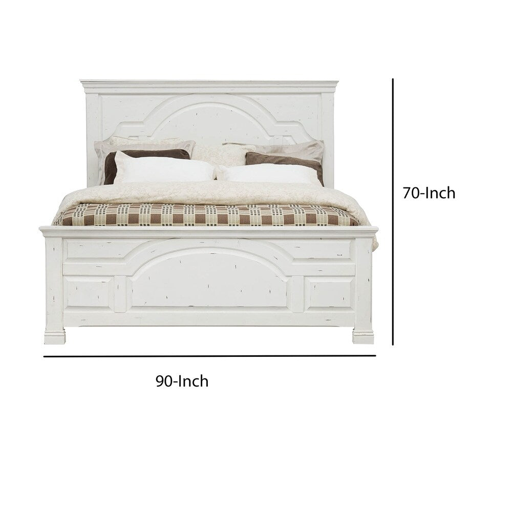 Faceted and Curved Rustic Wooden California King Size Bed, White