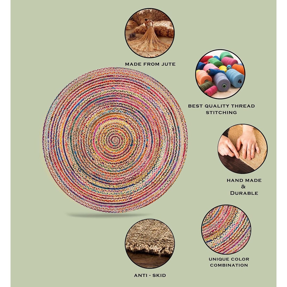 Fair Trade Handmade Jute Rag Rug Multi Colored
