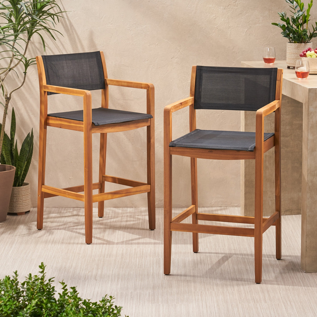 Fairfax Outdoor Acacia Wood Barstools with Outdoor Mesh (Set of 2) by Christopher Knight Home