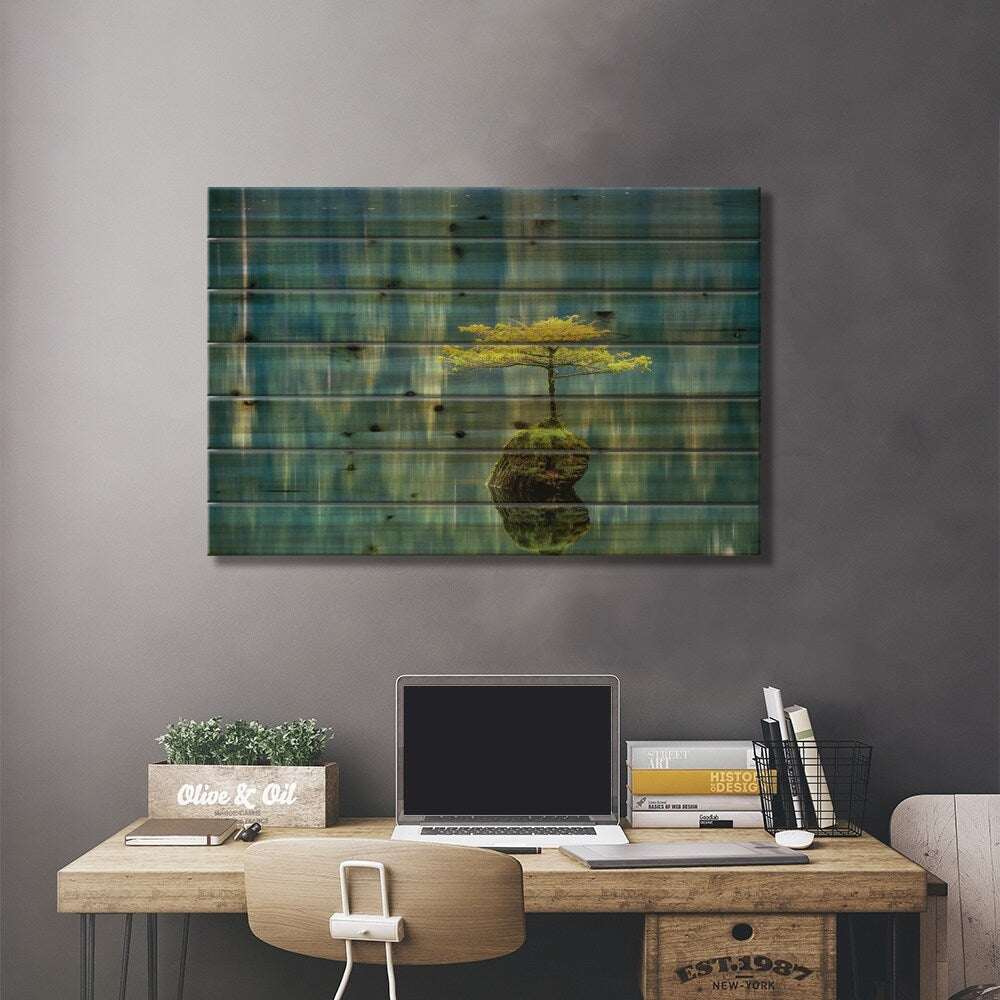 Fairy Lake Bonsai Print On Wood by Tim Oldford - Multi-Color