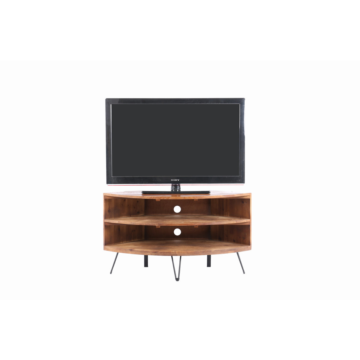 Fan Shape Reclaimed Wood Corner Media Table Space Saving