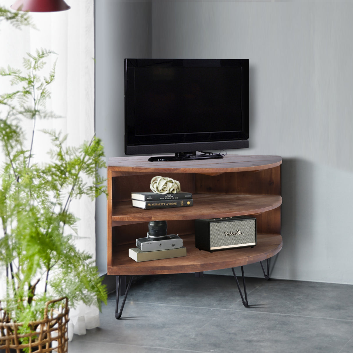 Fan Shape Reclaimed Wood Corner Media Table Space Saving