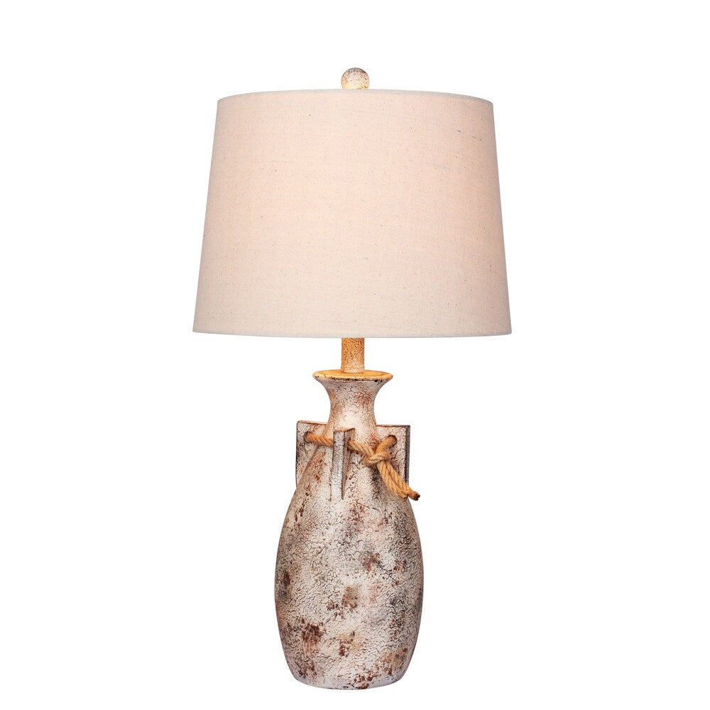 Fangio Lighting's #6250AWH 27.5 in. Distressed Jug w/Rope Collar Resin Table Lamp in Antique White