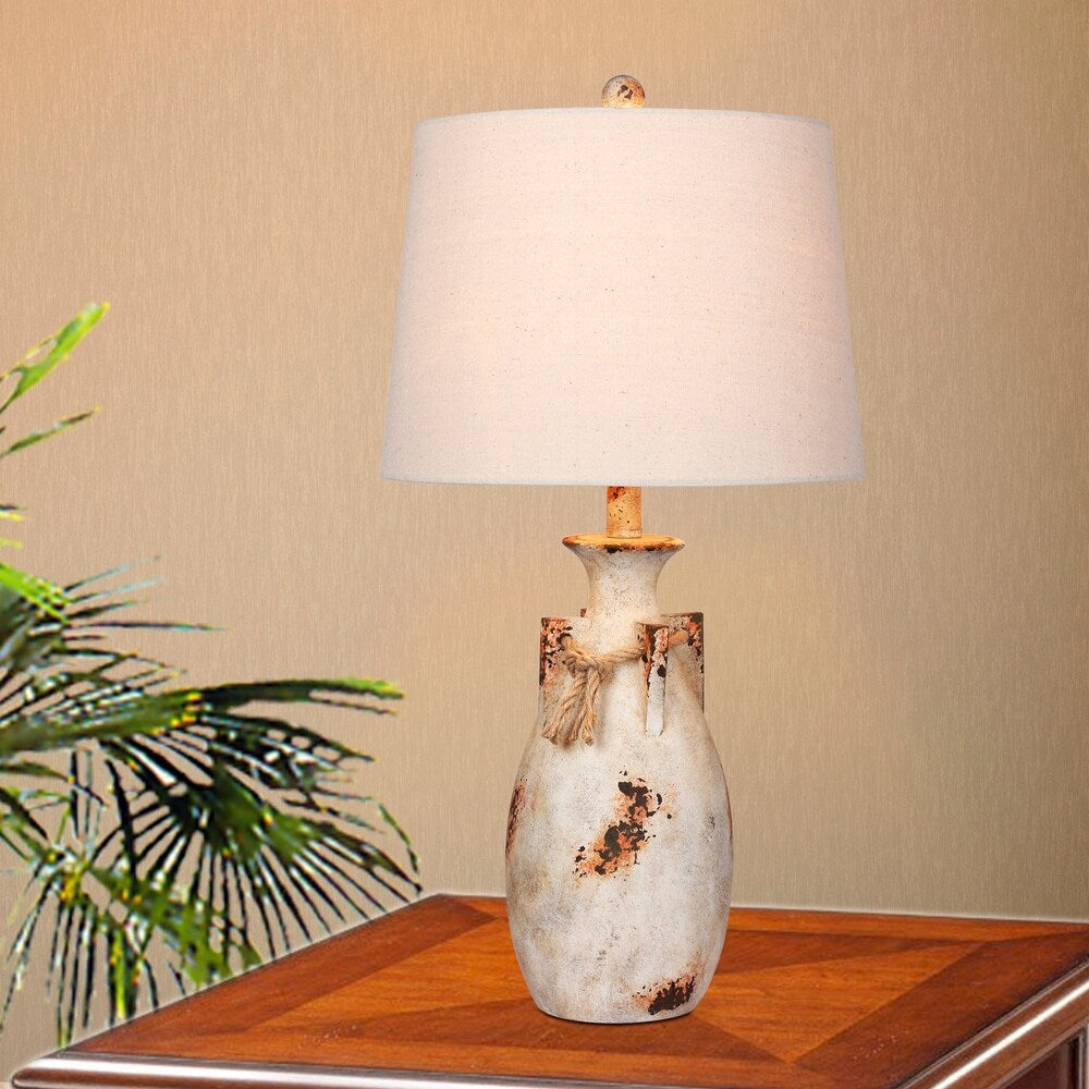 Fangio Lighting's #6250AWH 27.5 in. Distressed Jug w/Rope Collar Resin Table Lamp in Antique White