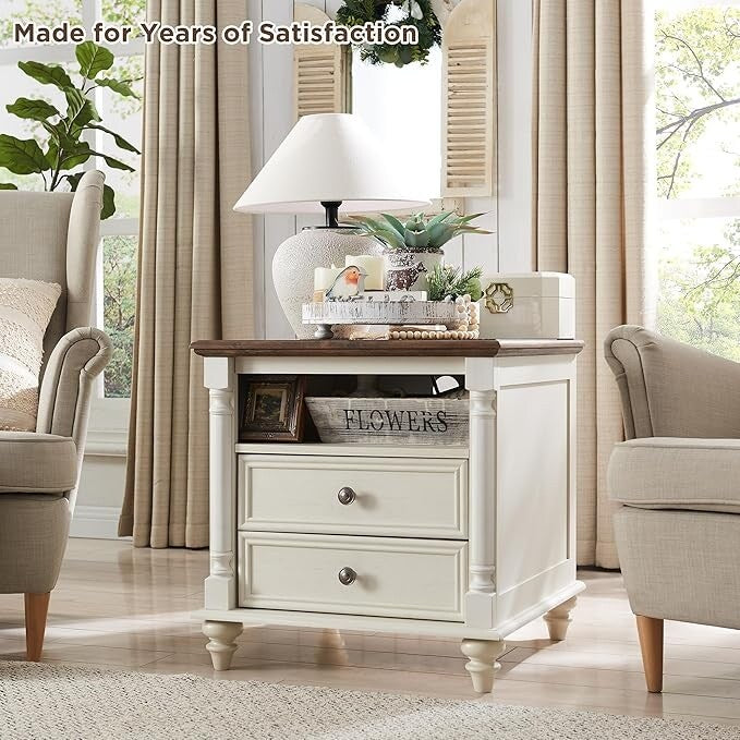 Farmhouse End Table, Sofa Side Table with Charging Station, Nightstand