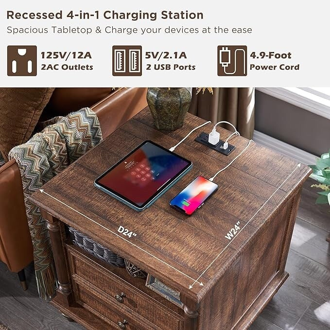 Farmhouse End Table, Sofa Side Table with Charging Station, Nightstand