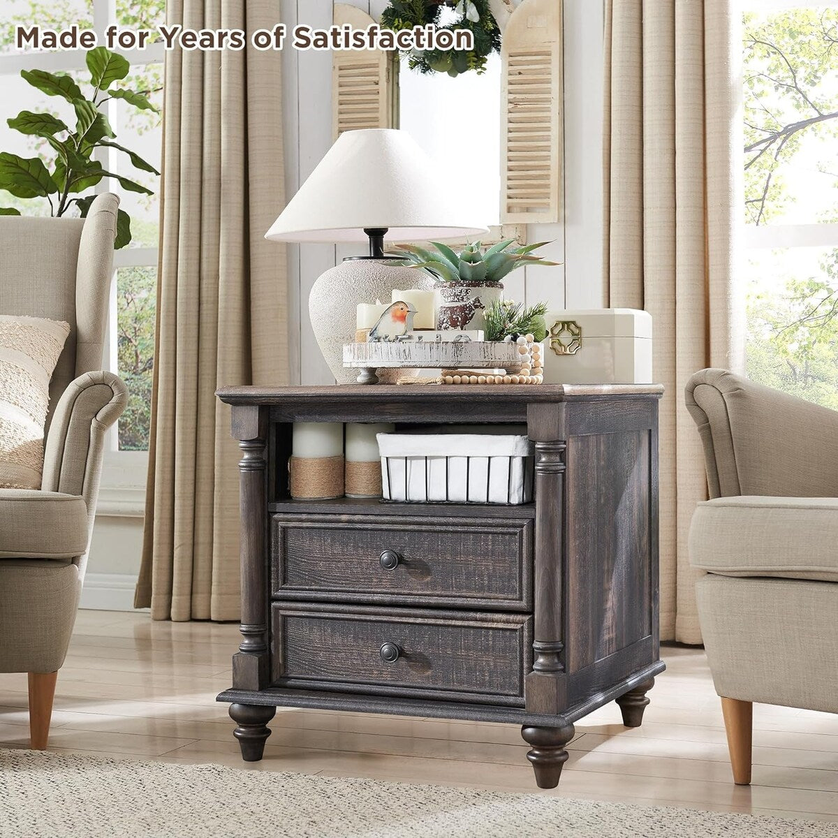 Farmhouse End Table, Sofa Side Table with Charging Station, Nightstand