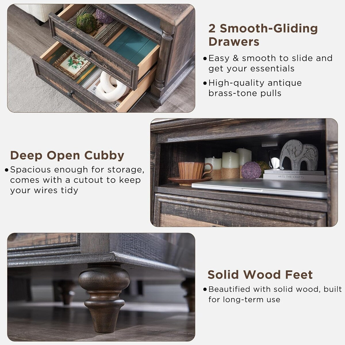 Farmhouse End Table, Sofa Side Table with Charging Station, Nightstand