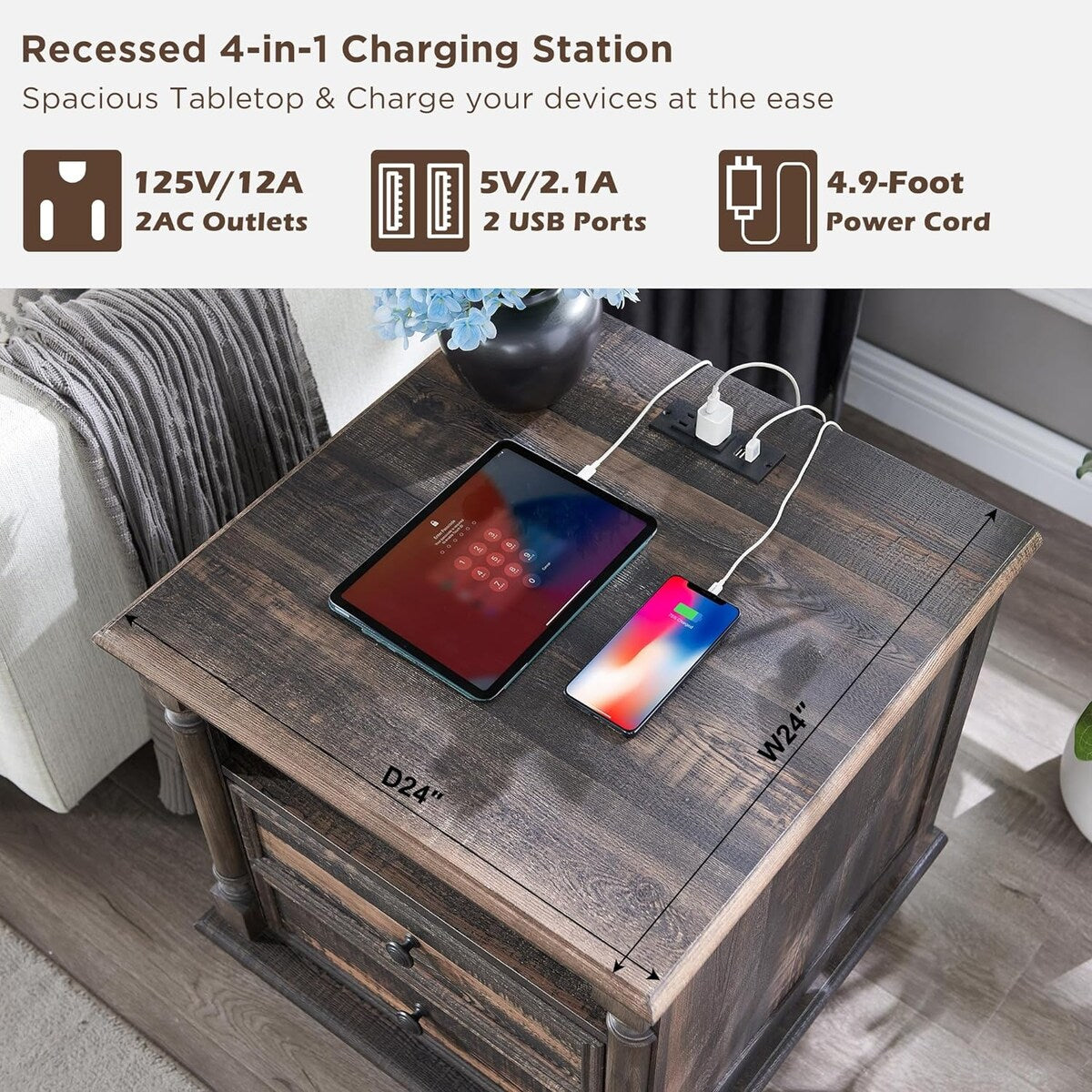 Farmhouse End Table, Sofa Side Table with Charging Station, Nightstand