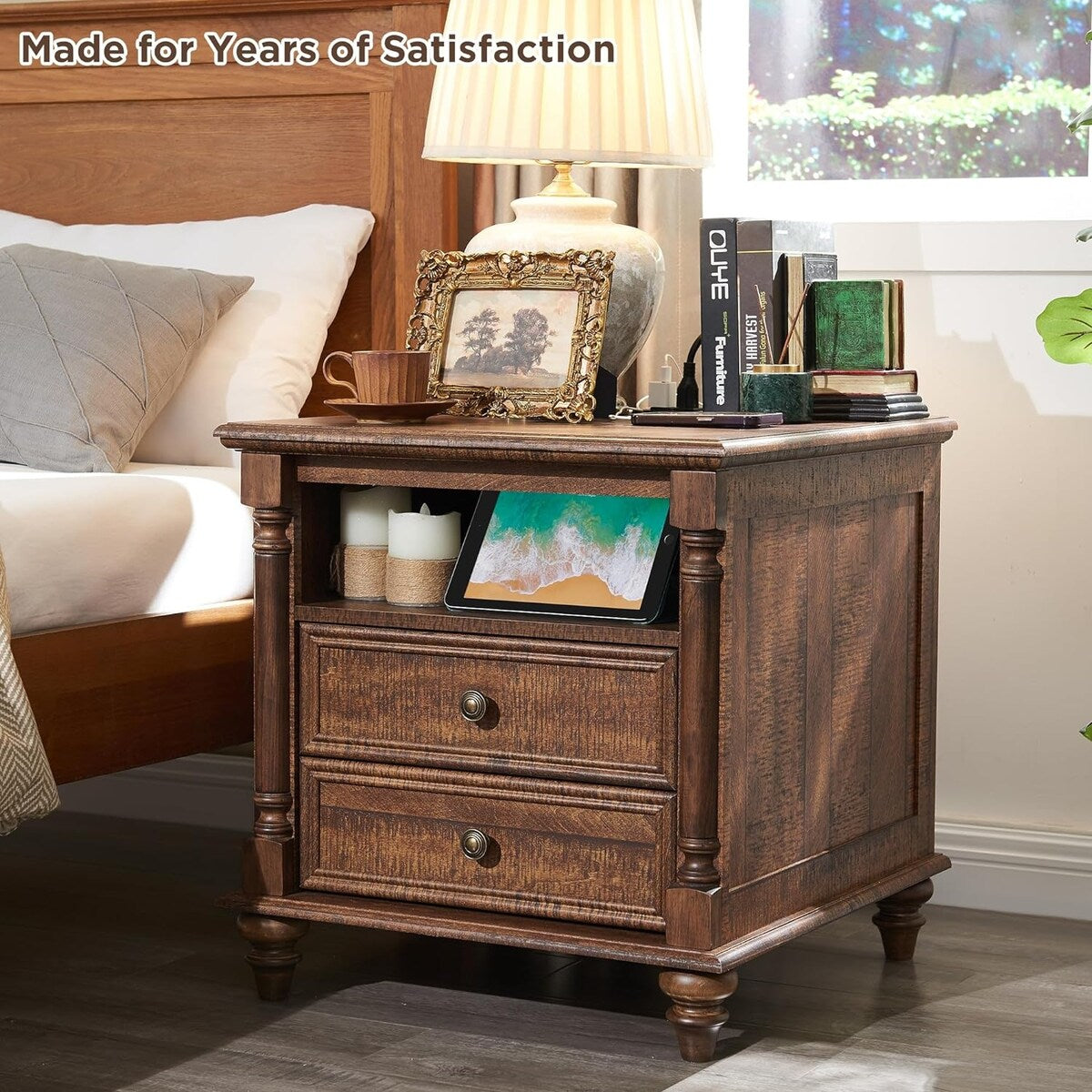 Farmhouse End Table, Sofa Side Table with Charging Station, Nightstand