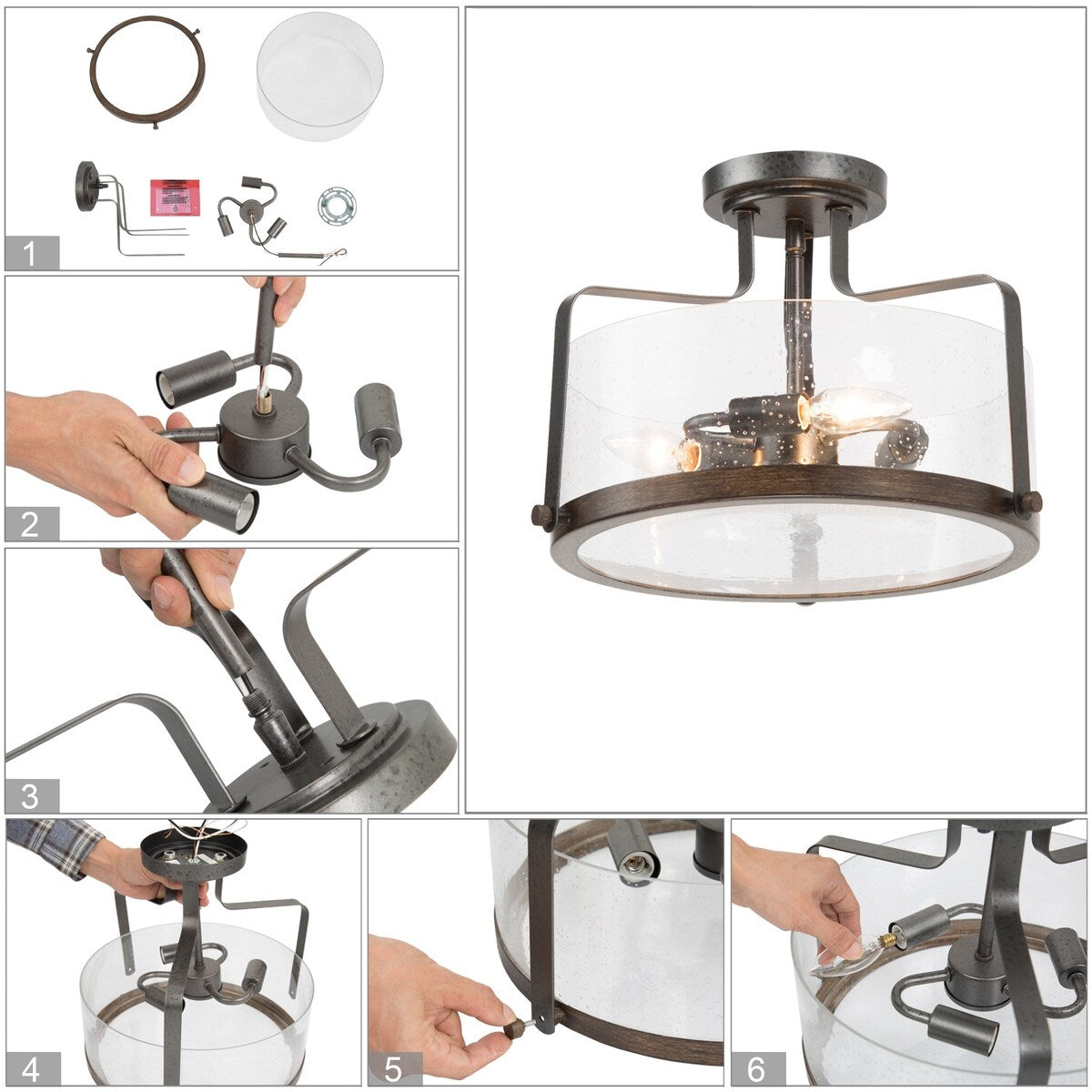 Modern Farmhouse 3-Light Drum Glass Semi-Flush Mount Ceiling Lights