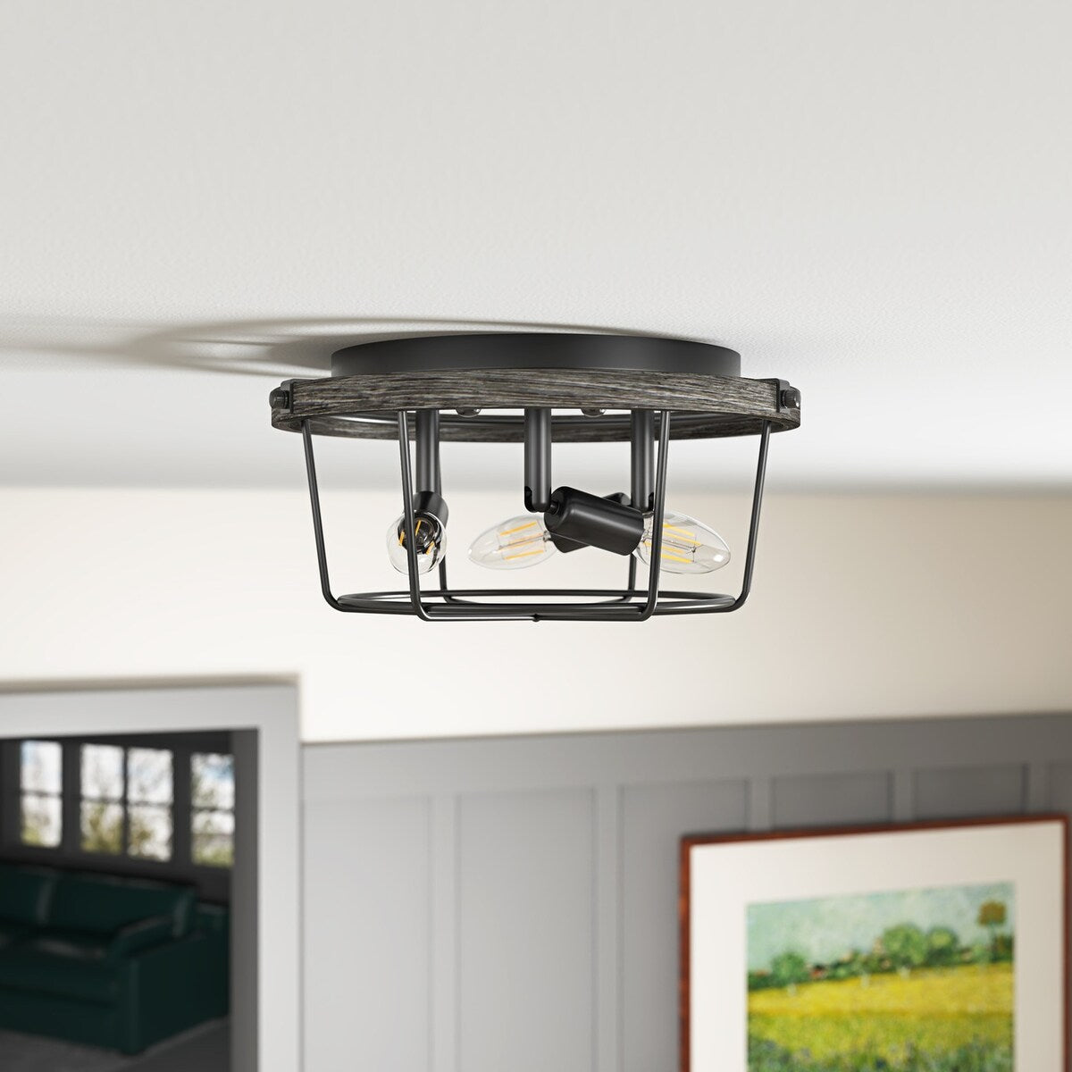 Farmhouse 3-Light Metal Ceiling Lighting Fixture with Wood Grain Design