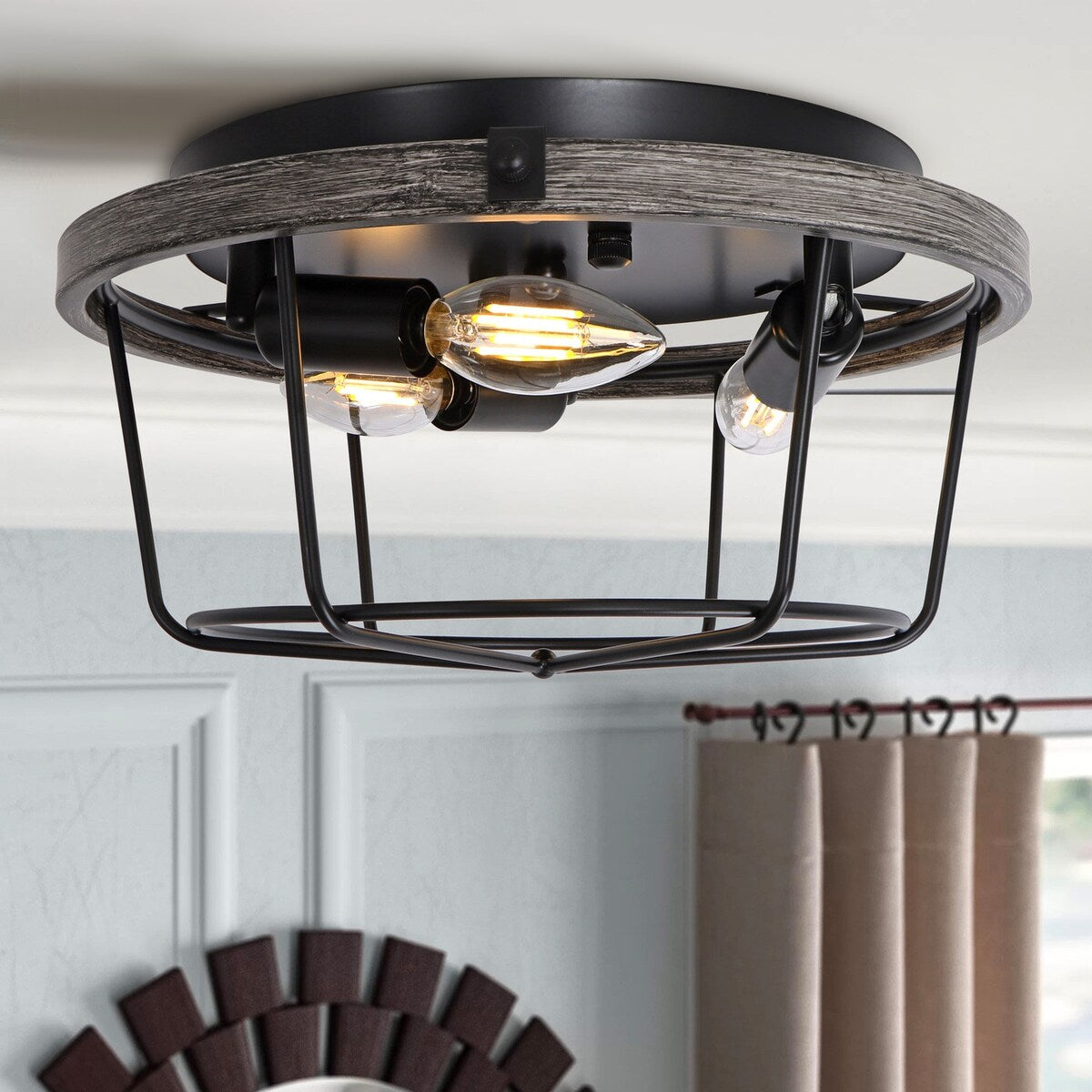 Farmhouse 3-Light Metal Ceiling Lighting Fixture with Wood Grain Design