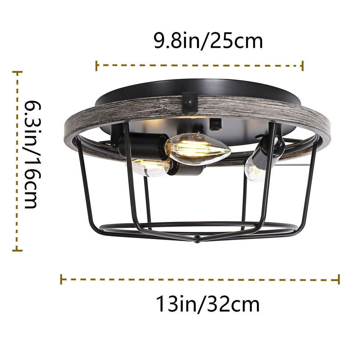 Farmhouse 3-Light Metal Ceiling Lighting Fixture with Wood Grain Design