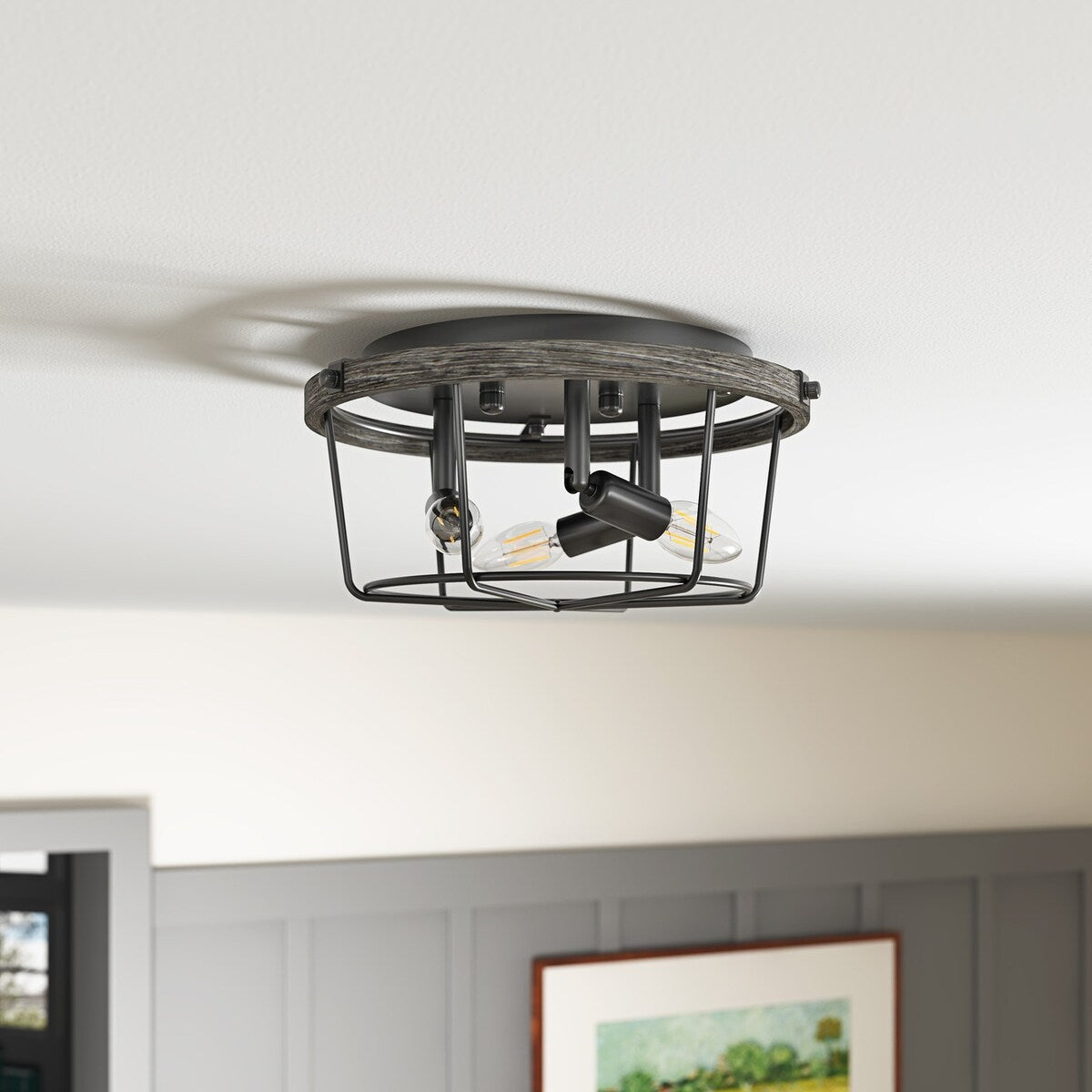 Farmhouse 3-Light Metal Ceiling Lighting Fixture with Wood Grain Design