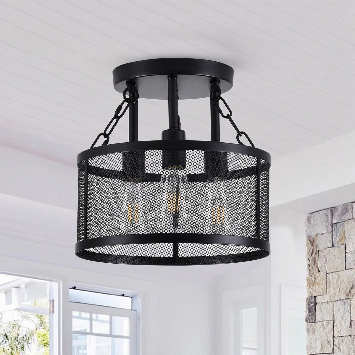Farmhouse 3-Light Semi Flush Mount Metal Ceiling Light for Kitchen Bedroom Foyer