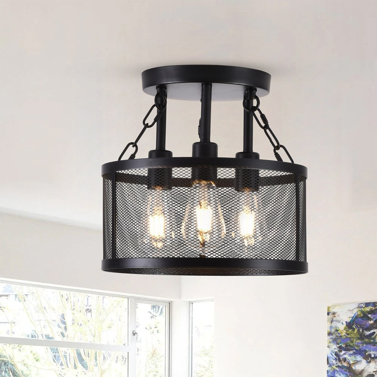Farmhouse 3-Light Semi Flush Mount Metal Ceiling Light for Kitchen Bedroom Foyer