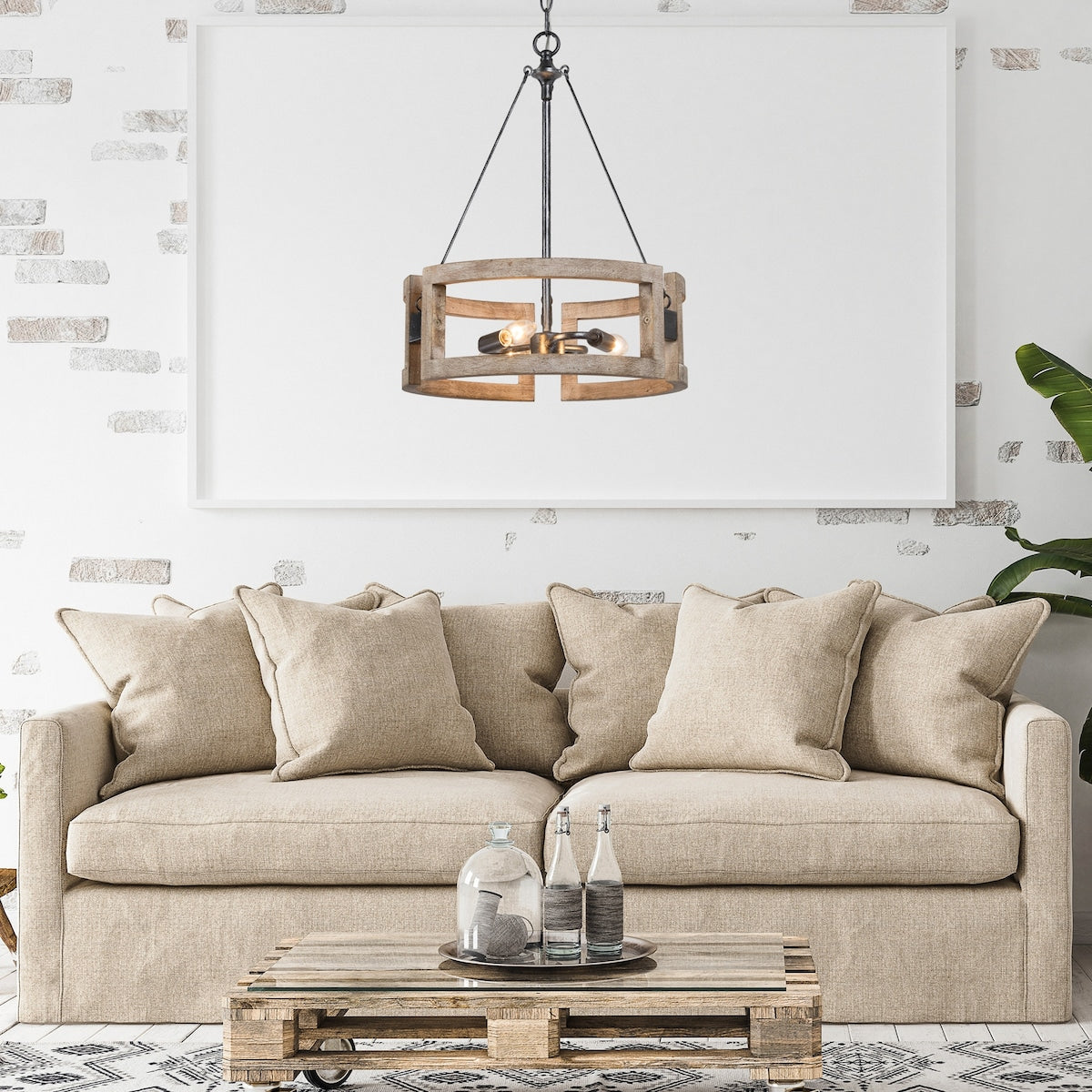 Farmhouse 3-Light Wood Drum Chandelier for Dining Room - Distressed Birch/Brushed-Silver - D15.74"*H20.86"