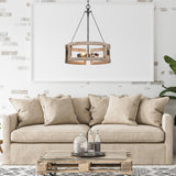 Farmhouse 3-Light Wood Drum Chandelier for Dining Room - Distressed Birch/Brushed-Silver - D15.74"*H20.86"
