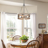Farmhouse 3-Light Wood Drum Chandelier for Dining Room - Distressed Birch/Brushed-Silver - D15.74"*H20.86"