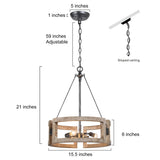 Farmhouse 3-Light Wood Drum Chandelier for Dining Room - Distressed Birch/Brushed-Silver - D15.74"*H20.86"