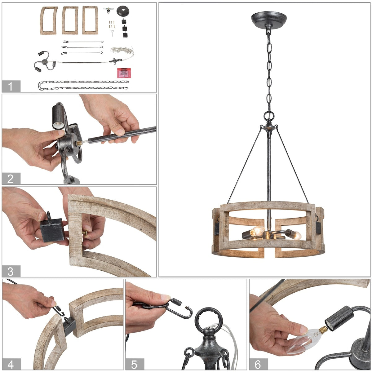 Farmhouse 3-Light Wood Drum Chandelier for Dining Room - Distressed Birch/Brushed-Silver - D15.74"*H20.86"