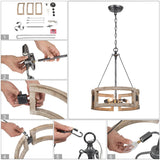 Farmhouse 3-Light Wood Drum Chandelier for Dining Room - Distressed Birch/Brushed-Silver - D15.74"*H20.86"