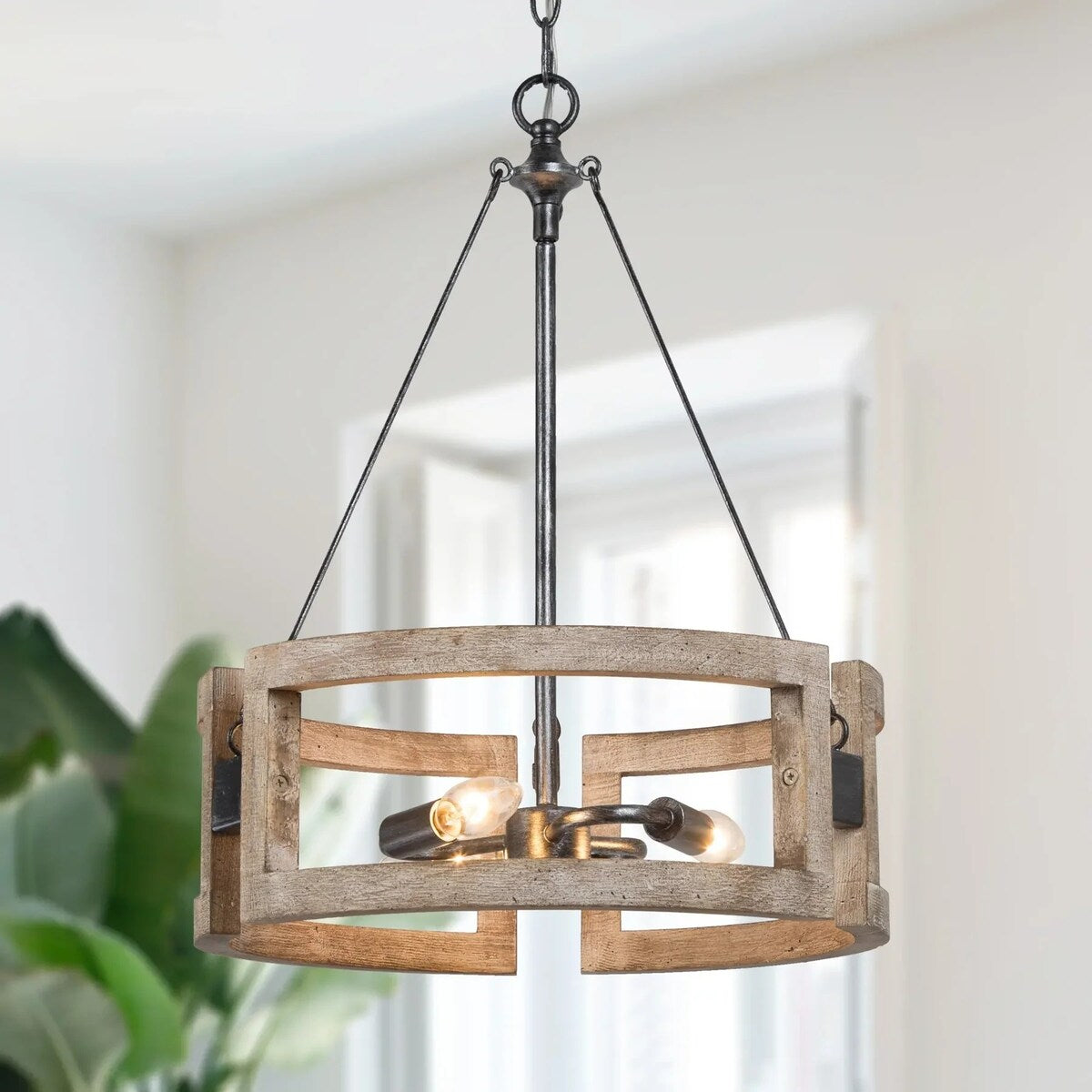 Farmhouse 3-Light Wood Drum Chandelier for Dining Room - Distressed Birch/Brushed-Silver - D15.74"*H20.86"