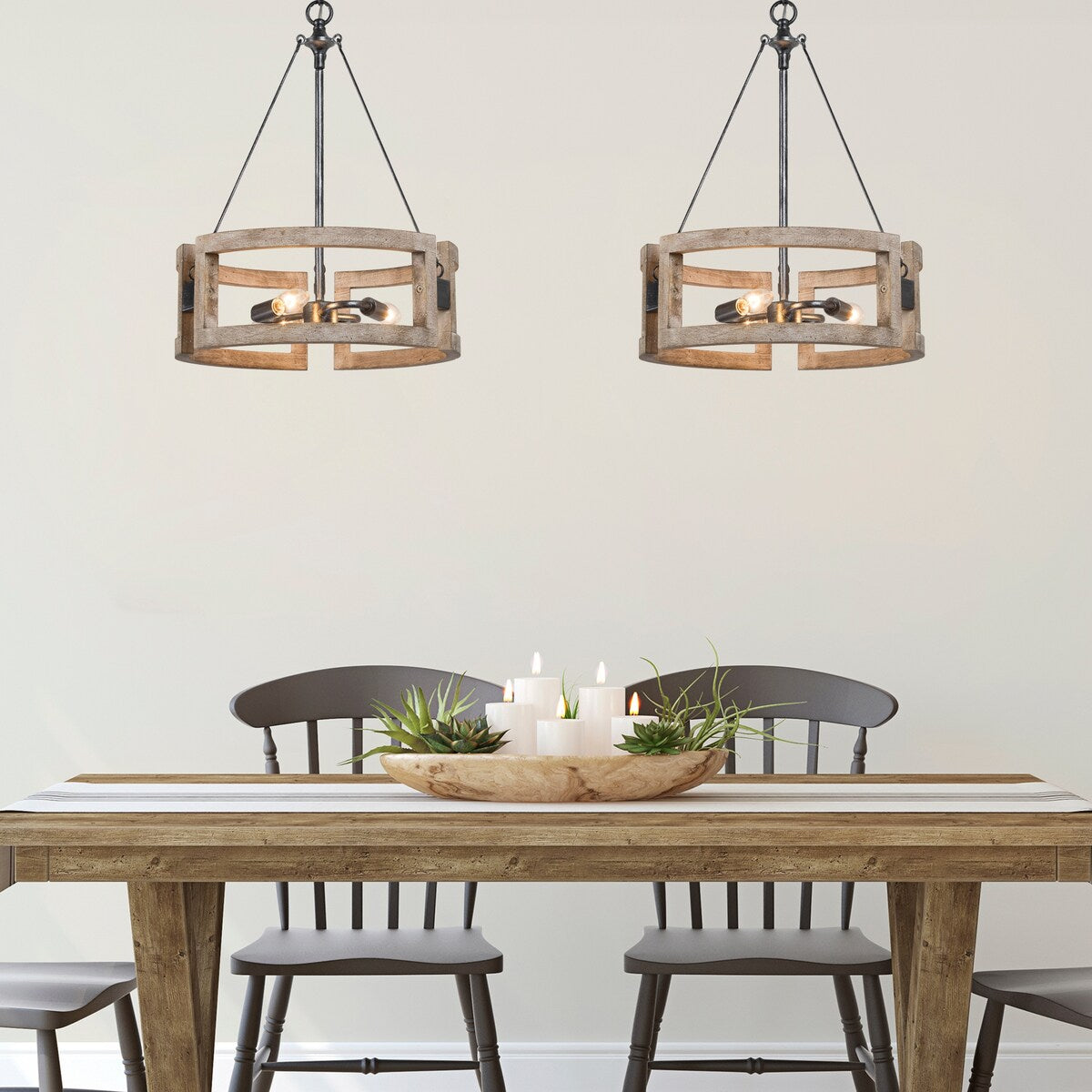 Farmhouse 3-Light Wood Drum Chandelier for Dining Room - Distressed Birch/Brushed-Silver - D15.74"*H20.86"