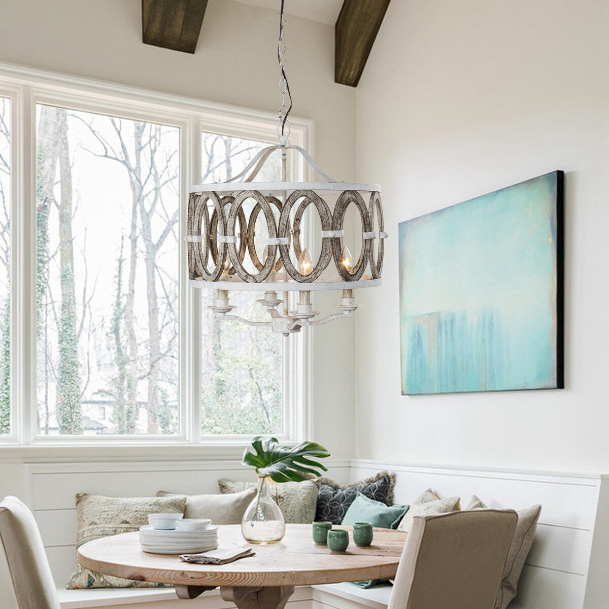 Farmhouse 4-Light Distressed White Drum Shade Wooden Chandelier - 18.9-in W