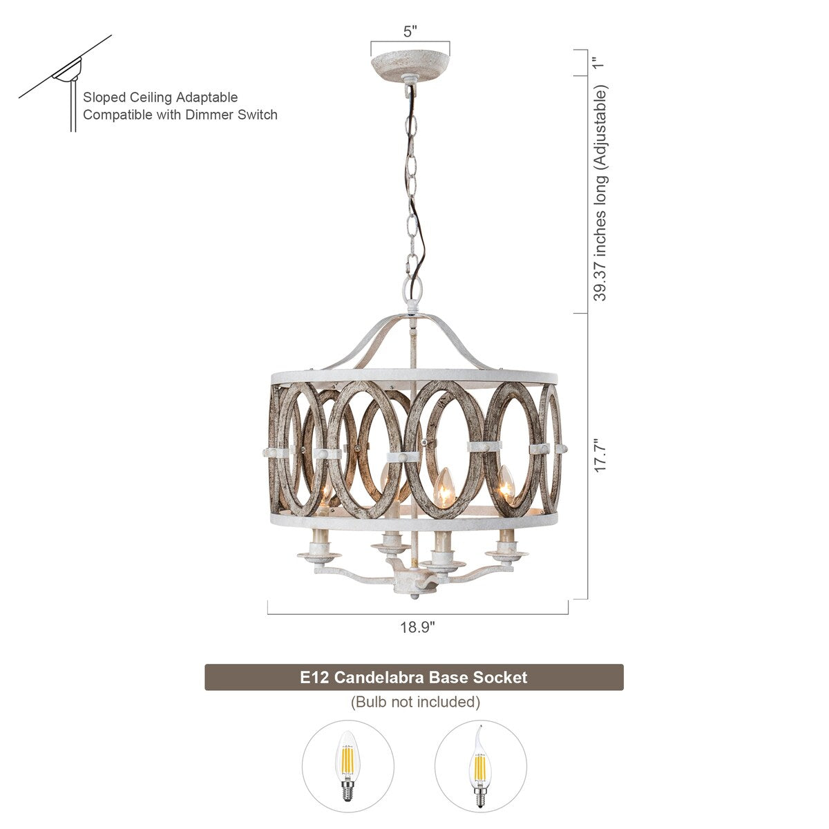 Farmhouse 4-Light Distressed White Drum Shade Wooden Chandelier - 18.9-in W