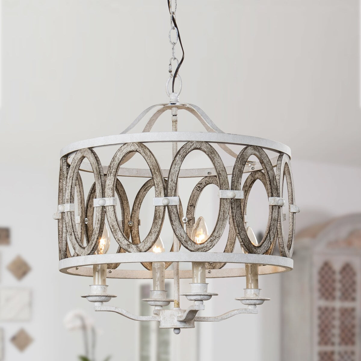 Farmhouse 4-Light Distressed White Drum Shade Wooden Chandelier - 18.9-in W
